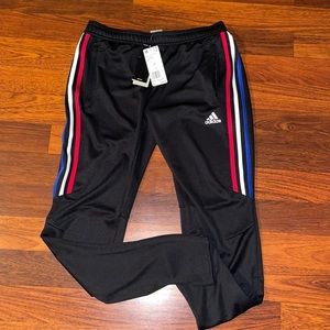 Black Adidas Pants with Blue/White/Red Stripes